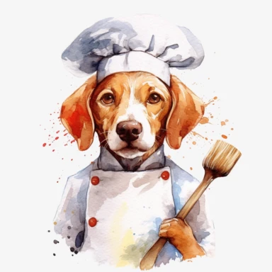 a vibrant watercolor clipart image with a white background, showcasing a talented dog chef wearing a toque and holding a rolling pin, confidently creating culinary masterpieces in the kitchen.