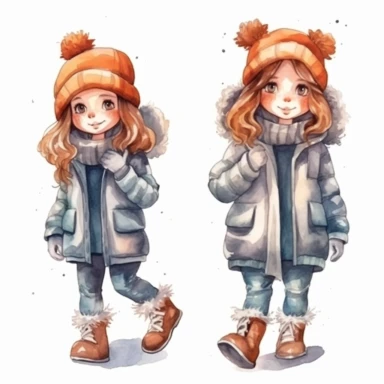 Set of watercolor cute little girl in winter clothes illustration for kids book, white backgroun, clipart, clean and crisp