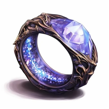 Craft an intriguing clipart of a mythical ring against a pristine white background. The ring should possess intricate designs and be encrusted with glistening gemstones. Let it emanate a soft, magical glow when worn, symbolizing the wearer's connection to mystical forces.