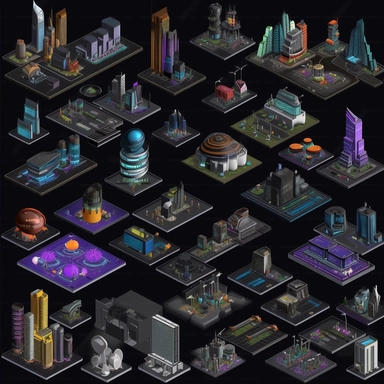spritesheet of futuristic city buildings, isometric perspective, game sprite, sci-fi, fun, creative, cartoon, clipart, hyper-detailed, black background,