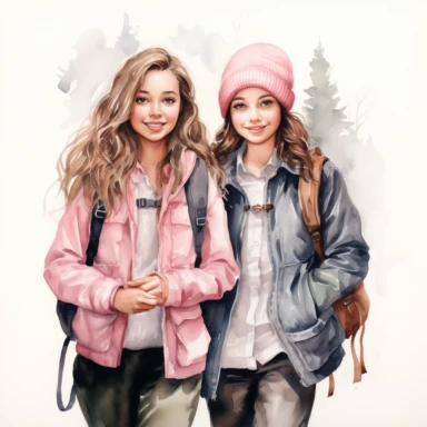 Watercolor Clipart, two young ladies, best friends, 19 Pink girly, single object, going school together ,isolated on white background, highly detailed, hand painted watercolor illustration by Cath Kidston, Emma Bridgewater, png transparent background, white background for removing background - - no text shadow font watermark