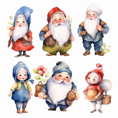 Watercolor snow white , illustrations clipart set, simple , cartoon elements, fairy tale theme and elements, different characters, 7 dwarves, different variants , , separate elements with a margin