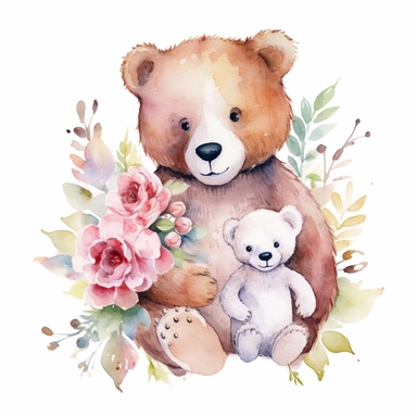clip art watercolor,dady and kids bear, flower and leaf background, colorful watercolor, white background, adult watercolor design, full HD design, smooth design, 8k