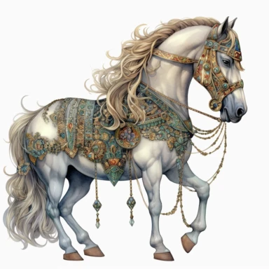A female horse in the style of James Christensen, clipart, watercolor style, fantasy, ultra detailed, white plain background, single object, print on demand image, PNG transparent background, white background for removing background - - no text shadow font watermark, 8k