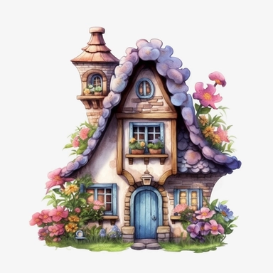 disney style little fairy house clipart, full of flowers around house, pastel color, watercolor clipart, png file, hyper realistic, transparent background,high detail, 8k