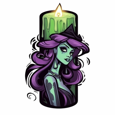 belladona one witch candle clipart, clean lines, dark colors green black purple, horror style, white background