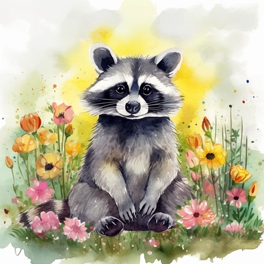 Watercolor clipart of a mischievous woodland raccoon, its distinctive black mask and grey fur meticulously represented, holding a shiny trinket while sitting amidst a field of buttercups, an atmosphere of whimsical fun and the vibrant colors of a sunny spring afternoon, Illustration, digital watercolor using a textured brush for a hand-painted effect,