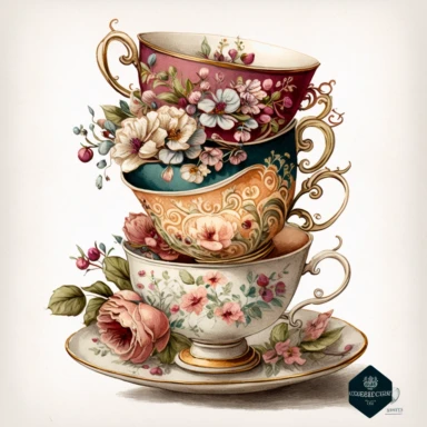 vintage old school tea cups stacked onto each other, watercolour clipart, floral art