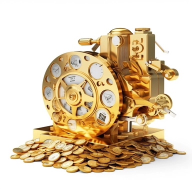 icon, clipart, money printing machine, printing machine, money generator, coins, Time-to-money converter, Transforming time into golden coins, Mechanism of turning minutes into dollars, The engine of monetary growth, white background