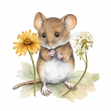 a little field mouse, standing up, holding a daisy flower, watercolor, clipart, white background