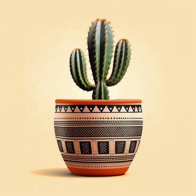 hd, clipart,A cactus plant in a pot with a southwestern mudcloth design, on white background--s 250
