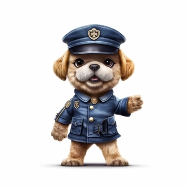 Adorable cute fantasy baby dog dressed like police standing in dynamic pose,front view,fullbody,sharp through out,happy expression, nursery art, clipart image, lineart image, white background, very detailed, 8k, composition wide shot