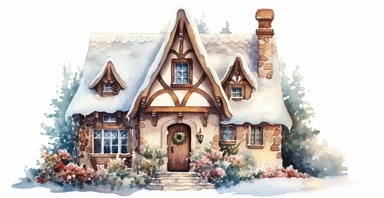Cute English Cottage, snowy, ornamental watercolor clipart
