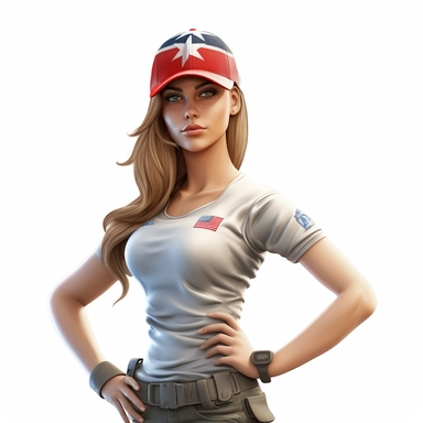 a gorgeous American soldier, her t-shirt and hat represent her flag, Pixar style, vibrant colors, clipart with white background, realistic 3d render video