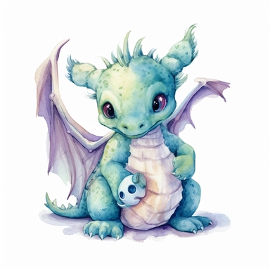 Clipart, watercolor, white background: A baby dragon with a plush toy clutched in its claws, finding comfort and companionship in its cherished plaything.