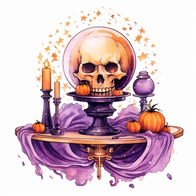 hand drawn glowing crystal ball sitting on a table with crystals, tarot cards, a wand, candles and a pumpkin, Halloween, purple and orange shades,fantasy, glamorous, , clipart style, detailed and realistic, watercolor, white background with margins