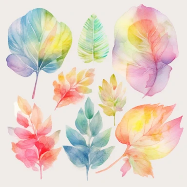 soft colorful neon pastel colored big leaves and flowers clipart set, colorful fairy pastel colors watercolor style, plain white background, use of fabric, intricate depth of shading in soft watercolor style, watercolor--v 4