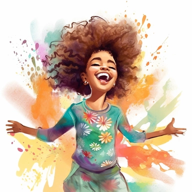 A joyful clipart portraying an African American girl with a charmingly textured hairstyle, adorned in fashionable and whimsical garments, set against a high-resolution and grey background, brought to life with the vibrant colors and free-flowing brushstrokes of a watercolor art style,