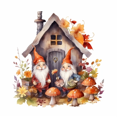 Watercolor, Gnomes Cute, Cottage Garden Shed autumn Flower, clipart, on a white background.