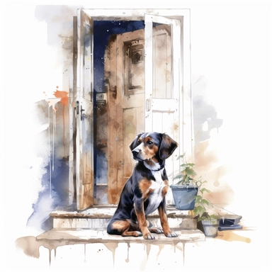 graphic design watercolor style, graphic design of dog sitting next to the door in the back clipart, surrounded, isolated on white background, hd, 4k, detailed