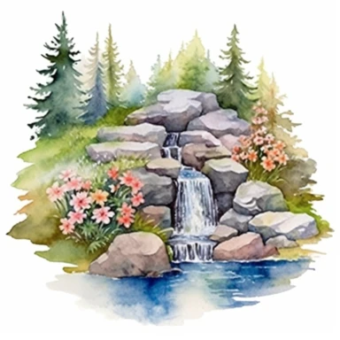 Clipart, isolated on white background, beautiful cute Watercolor Spring waterfalls through the stones, forest woodland nature landscape scenery, plants and flowers, ornated, pastel colors