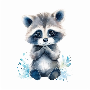 a vibrant baby raccoon with kind eyes clipart with watercolor illustration,full body shot,8k,etsy style, white background