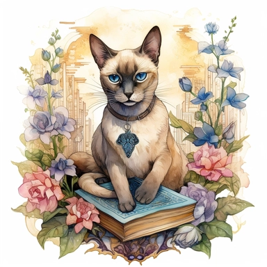 An elegant Siamese cat wearing a steampunk-inspired collar, surrounded by a lush garden of exotic flowers and seated on an antique book, as if guarding its secrets. watercolor, Clipart,intricate details, on white background