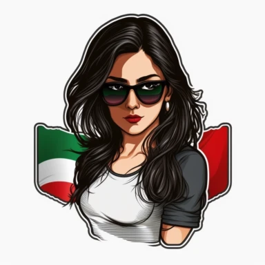 pretty young woman with a t-shirth with the mexican flag, black long hair and sunglasses realistic cartoon style clipart sticker