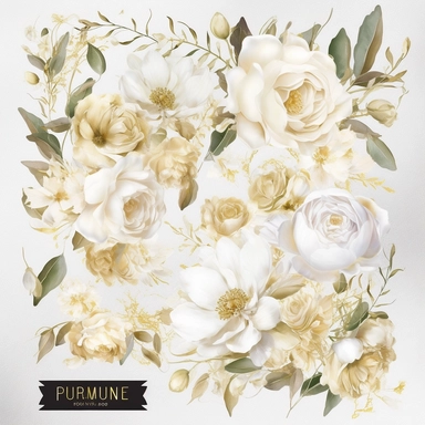 Create an exquisite collection of ultra-detailed white and gold floral clipart, showcasing the elegance of watercolor techniques. The clipart should capture the delicate beauty of white flowers with hints of gold accents, adding a touch of opulence and sophistication. Incorporate a variety of floral elements such as roses, peonies, and lilies, each meticulously painted to showcase intricate details and lifelike textures. Design the clipart with a focus on wedding themes, ensuring that it can be 