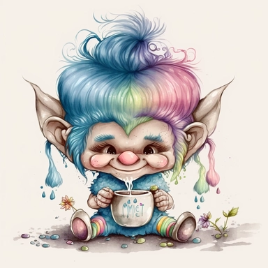 a watercolor clip art character illustration that combines the innocent and angelic expression of Precious Moments with the mischievous and magical attributes of Trolls, beautiful troll with long lashes, enjoying a cup of hot chocolate, white background.