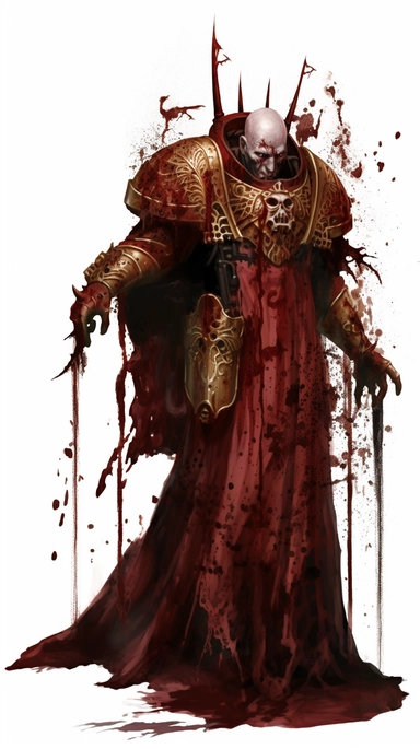 A clipart of a warhammer 40k priest covered in dark red paint splashes, with the emphasis on the intricate details of each texture and the delicate, wispy texture of the armour. Emphasize the sheer level of detail in the image. White background.