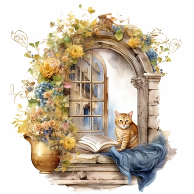 watercolor mixed media masterpiece royal kitchen beautiful window with sleeping cat and books and basket with flowers, decorated with flowers, golden accents, provence, by Adonna Khare style, Baroque style, PNG clipart, isolated on white, extreme photorealistic details, 32k HD resolution, realistic high detailization high resolution