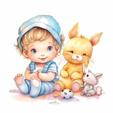 playful pals whimsical animart art of a baby girl and a baby boy clipart