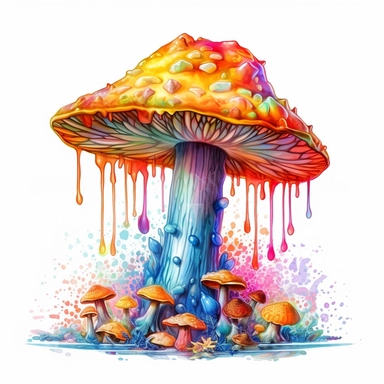 clipart fly agaric mushroom, Psychedelic art, Acid Art, high resolution, neon rainbow colored, white background