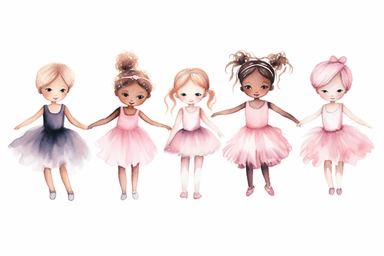 Watercolor clipart collection of cute little girl ballerinas standing individually, dancing in different poses. Different coloured hair and skin, Wearing pink dress with tutu, ballet shoes, pink headband with little bow, isolated elements on a white background with a wide margin