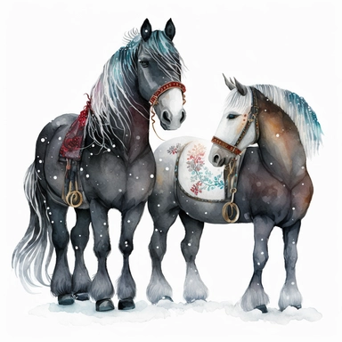dark academia, horses, snow, fairytale, Christmas, swedish folk art, watercolor, white background, clipart