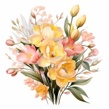 Pastel color pink. Yellow. Freesia flowers are decorated with eucalyptus leaves. Flowers and leaves of various shapes were intertwined. Clip art