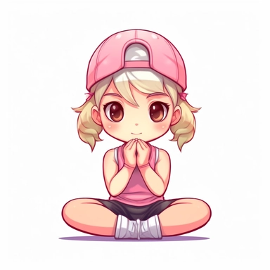 cute white chibi girl working out wearing a pink cap, clipart, childrens book character, must have correct number of fingers and toes, yoga poses