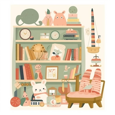 furniture, toys, books, images, flat vector clipart, nursery decor, small child, cute, children room deco
