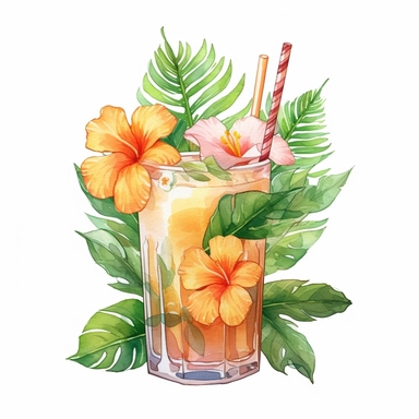 Pastel Cute Beautiful Hawaii Drinking tropical flower Watercolor Sublimation Clipart,Cartoon, hyper realistic, intricate detail, illustration style,high solution,on the white background
