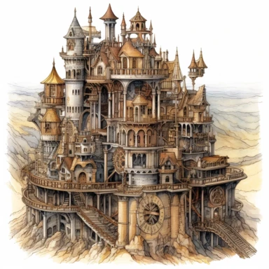 Watercolor hyperdetailed ultra realistic clipart of steampunk fictional worlds like Middle Earth, Hogwarts, or Narnia, including intricate details such as famous landmarks, architecture, and landscapes