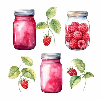 watercolor A clip art 4 set of images featuring a rustic flowers mason jar with raspberries on the side isolated white background, minimalist, 8K