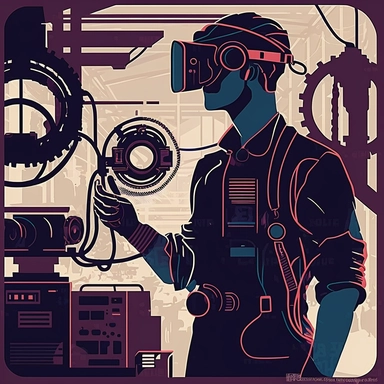 worker wearing vr headset, man, standing in an assembly plant, gauges, coding, vr developer, virtual reality, poster, simplistic, abstract, vector, 2d illustration, clipart, few colors
