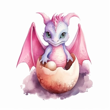 Watercolor fantasy baby dragon hatching from egg clipart full body, pink color palette, hand painted, white background
