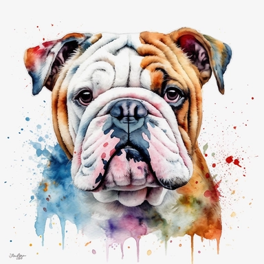 cute English Bulldog dog portrait, full face, centered shot, side shot, dynamically posed, in action, playful mood, happy mood, playing mood, cute face, adorable smile, childlike eyes, clean watercolor illustration, white background, nursery baby imagery,