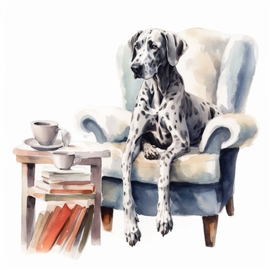 Great Dane lounging on a cozy oversized chair, surrounded by books and a warm cup of tea, showcasing its calm and gentle demeanor, white background, watercolor clipart.