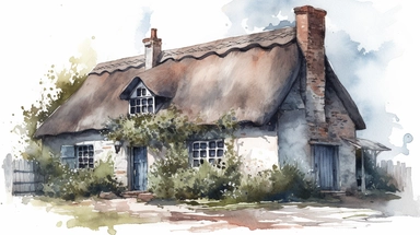 a watercolor clipart on a white background of a romantic cottage. The cottage should have a thatched roof, stone walls, and a chimney with smoke coming out