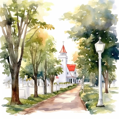 A tree-lined avenue leading to a white country church, adorned with red road lanterns and stair railings, american style, watercolor, clipart
