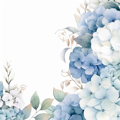 Dusty blue and white hydrangea and peony flowers field watercolor, watercolor premade border, white simple background, no grass or green ground in the scene, no sky, pale watery color, hand painted original, pastel colors, Watercolor Flowers Clipart, airy dreamy pale color, modern minimal, v 4