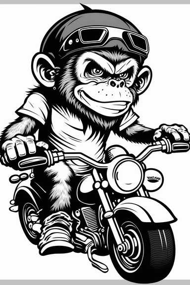 High resolution 2D cartoon cheerful monkey monkey rides a harley davidson motorcycle black and white design very simple Clipart Cutfile stencil the image is not cropped and is fully included in the picture 4k